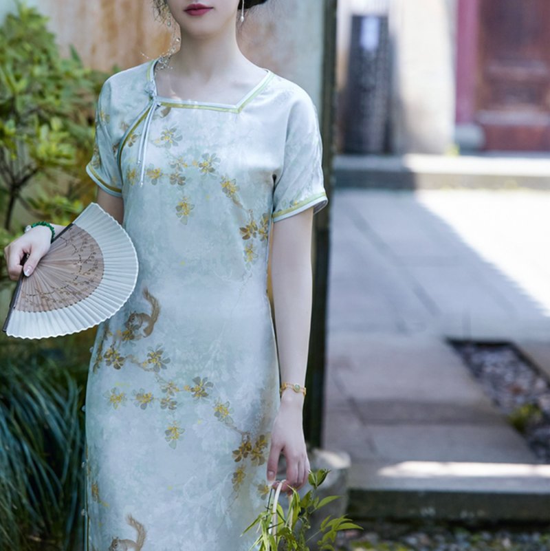 【桂枝松鼠】 新中式復古/废领平裁/古法双襟旗袍 - 旗袍 - 其他材质 蓝色