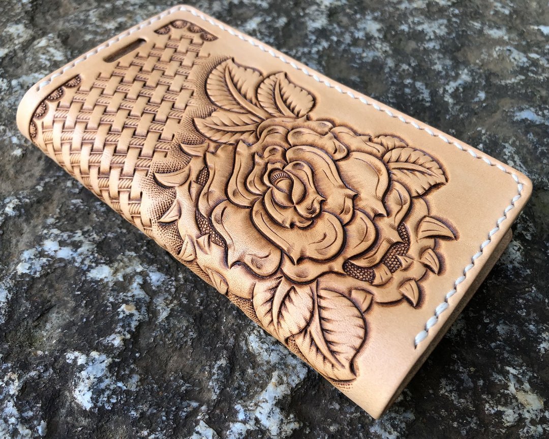 iPhone wallet using vegetable Tanned FULL GRAIN Italian leather the basket stanp - 手机壳/手机套 - 真皮 卡其色