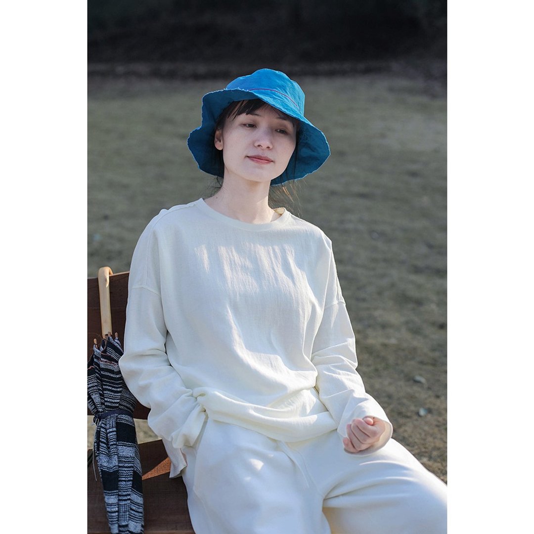 白色轻盈感棉针织布圆领宽松休闲百搭长袖T恤 - 女装 T 恤 - 棉 