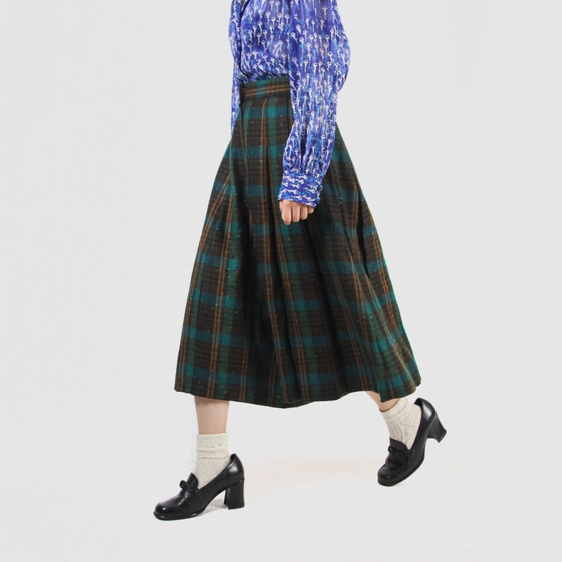 【蛋植物古着】绿野星空格纹毛料古着宽裤 - 女装长裤 - 羊毛 绿色