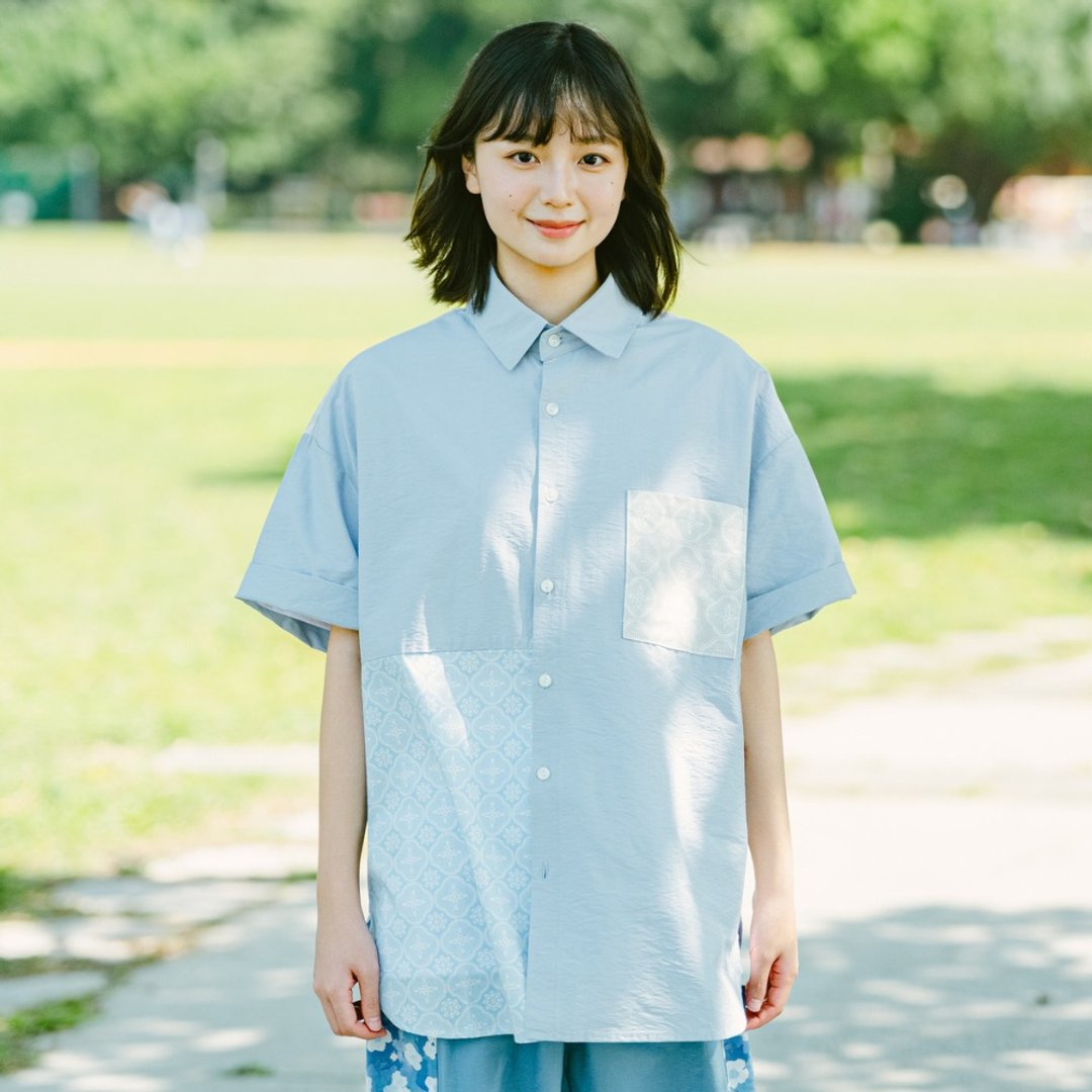 短袖拼接衬衫/玻璃海棠/晴天蓝 - 女装上衣 - 棉 蓝色