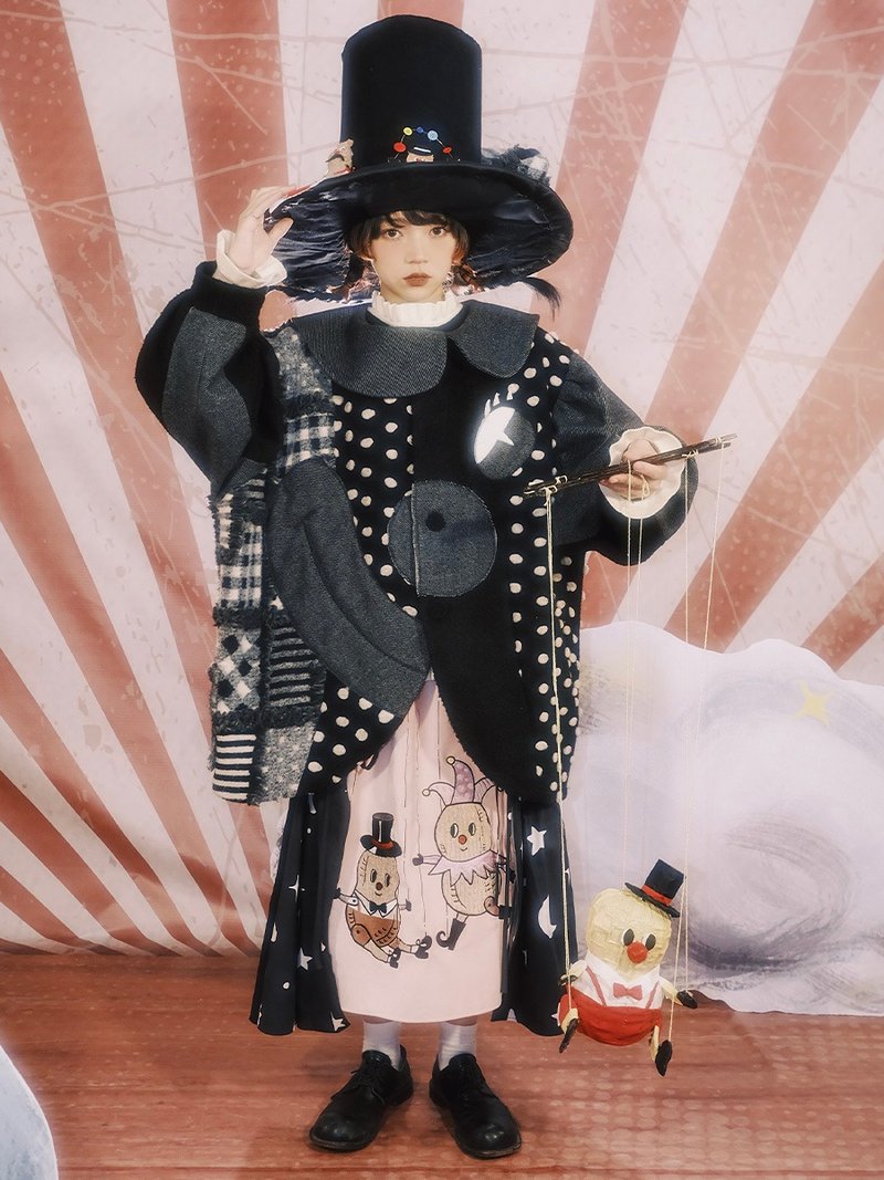 Meugler牛稠岛 奇幻马戏团 小丑拼接毛呢外套 不对称廓形双色大衣 - 女装休闲/机能外套 - 羊毛 黑色