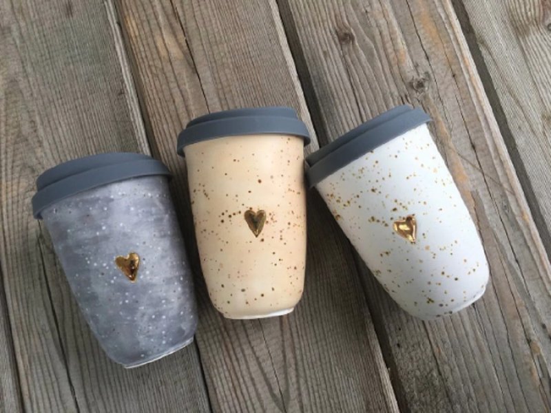 Double wall coffe cup, Double Layer mug, Mug with lid ceramic, travel coffee cup - 咖啡杯/马克杯 - 陶 