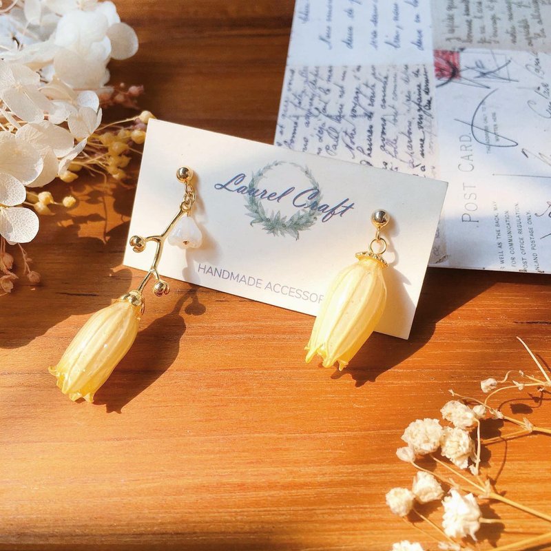 风铃花系列(黄) 木之枝 不对称 925银针耳环/无痛耳夹 - 耳环/耳夹 - 植物．花 黄色