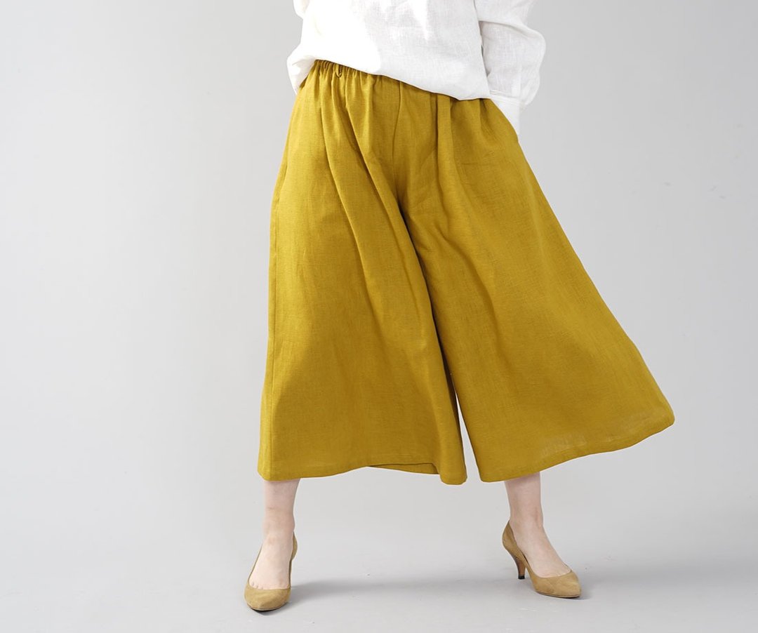 wafu - Midweight Linen Wide-Leg Gaucho Pants / Mustard b002a-mtd2 - 女装长裤 - 亚麻 黄色