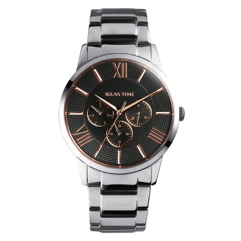 RELAX TIME 三眼腕表 黑潮优雅 玫瑰金 (RT-81-2) - 男表/中性表 - 不锈钢 银色