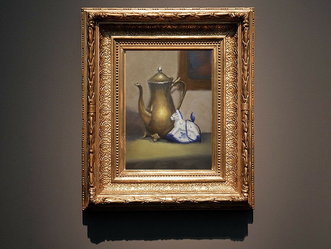 Horse Painting Still Life Original Art Copper Kettle Painting Tree toy Art - 墙贴/壁贴 - 其他材质 蓝色