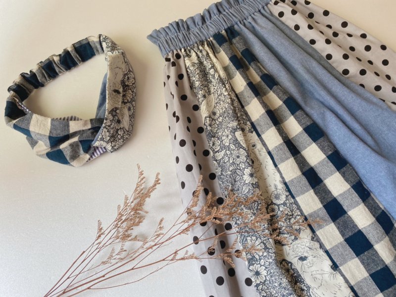 春天蓝-女童拼接长裙+发带 - 童装裙 - 棉．麻 蓝色