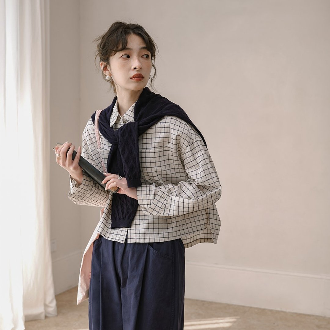 法式复古短款格纹衬衫|衬衫|春款|Sora-1146 - 女装衬衫 - 棉 