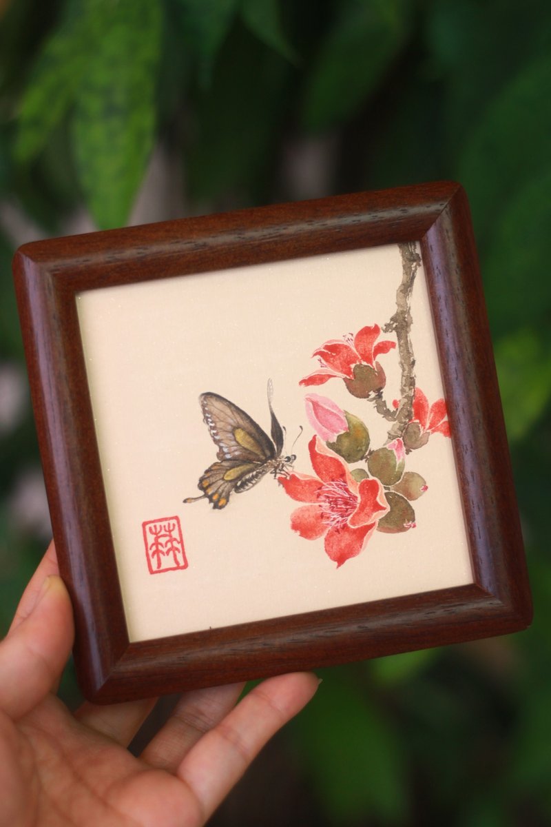 木棉花没骨作品集 | 英雄花手绘原作 | 4寸国风摆台 | 实木画框 - 画框/相框 - 纸 白色