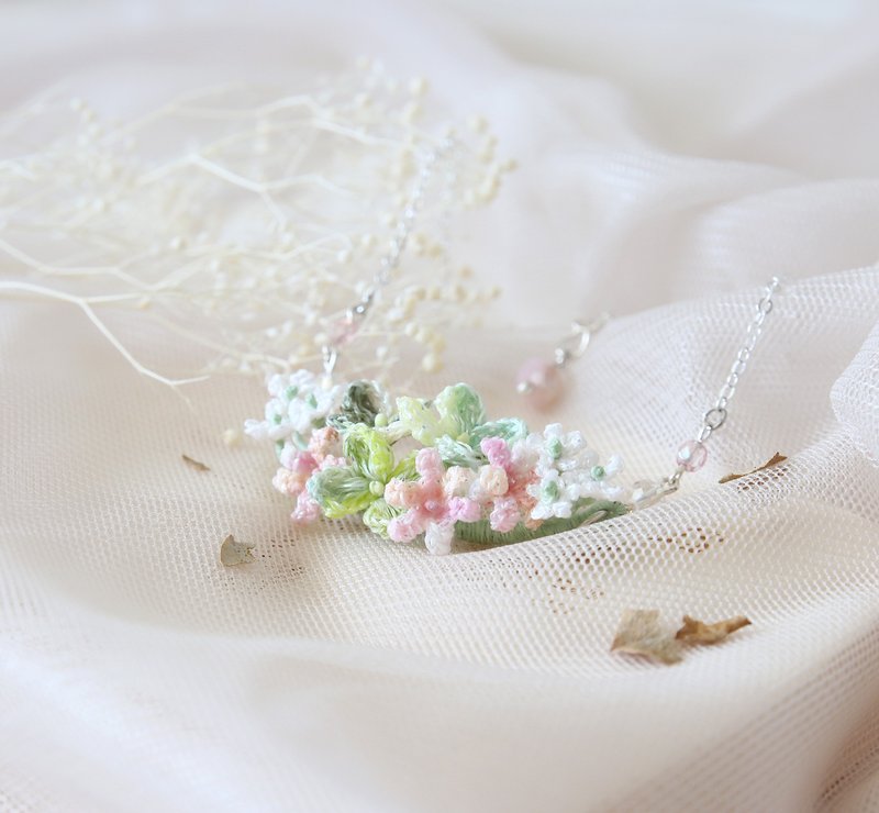 蕾丝花 绣球 风信子 颈链 钩针细工编织 柔闪绣线 纤细优雅 - 耳环/耳夹 - 棉．麻 粉红色