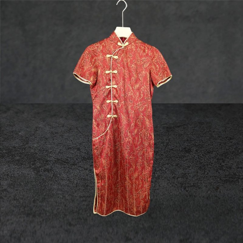 二手 古董订制 红色 金盘扣 金葱线 闪亮缇花 开衩短袖旗袍 CA801 - 洋装/连衣裙 - 聚酯纤维 红色