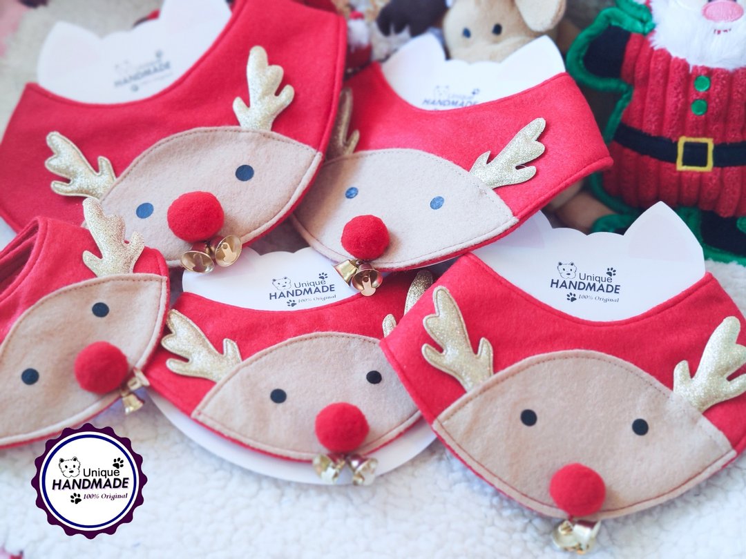 圣诞 耶诞节 圣诞鹿 Xmas Santa deer 宠物围巾/颈饰 - 项圈/牵绳 - 棉 红色