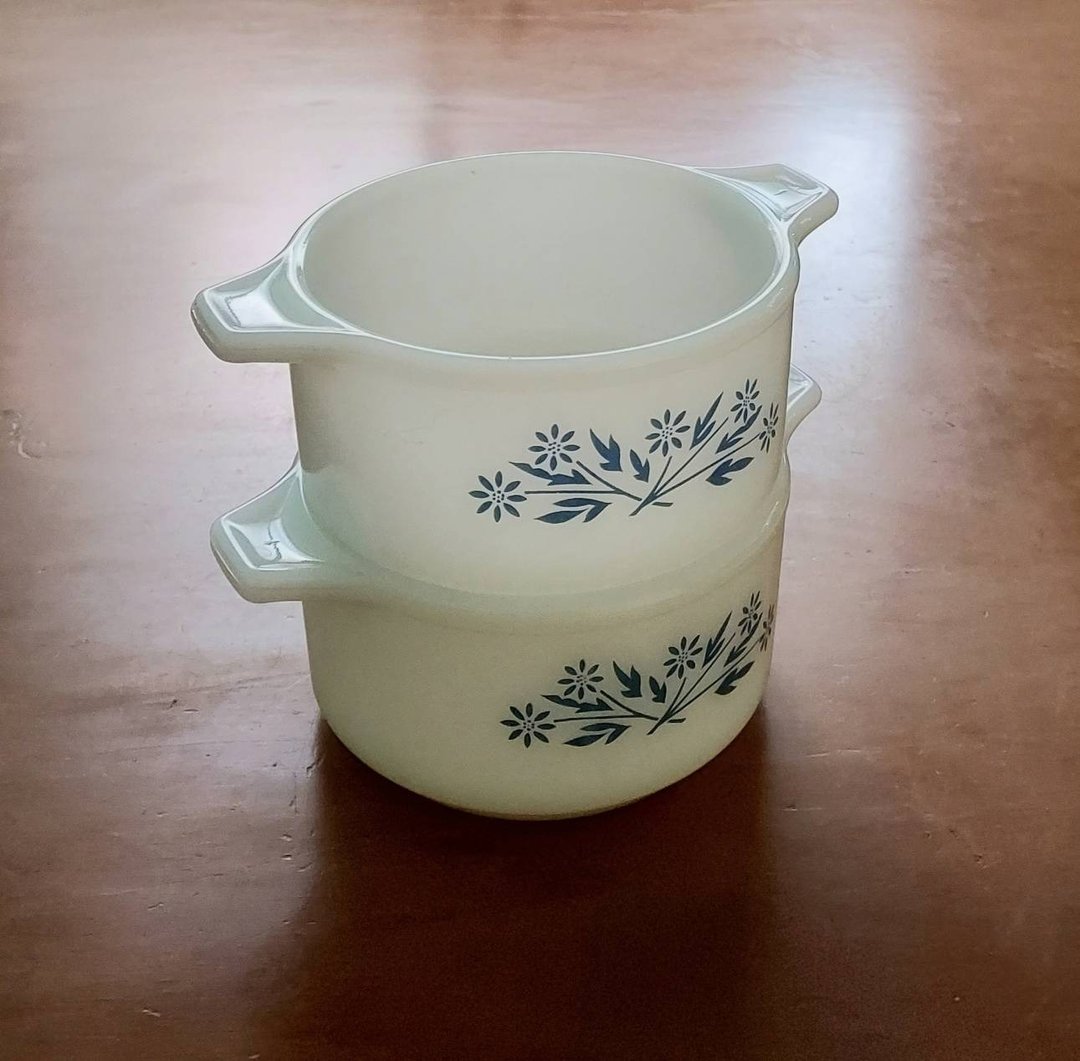 1960's 田园草花 厚料牛奶玻璃双耳点心碗 汤碗 沙拉碗 2个 - 碗 - 玻璃 白色