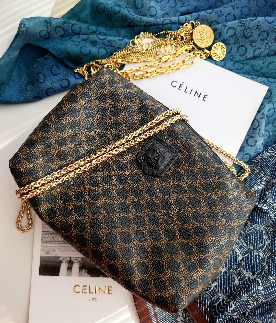 中古包 CELINE 黑花收纳包化妆包链条包云朵包斜背包斜挎包单肩包 - 侧背包/斜挎包 - 防水材质 黑色