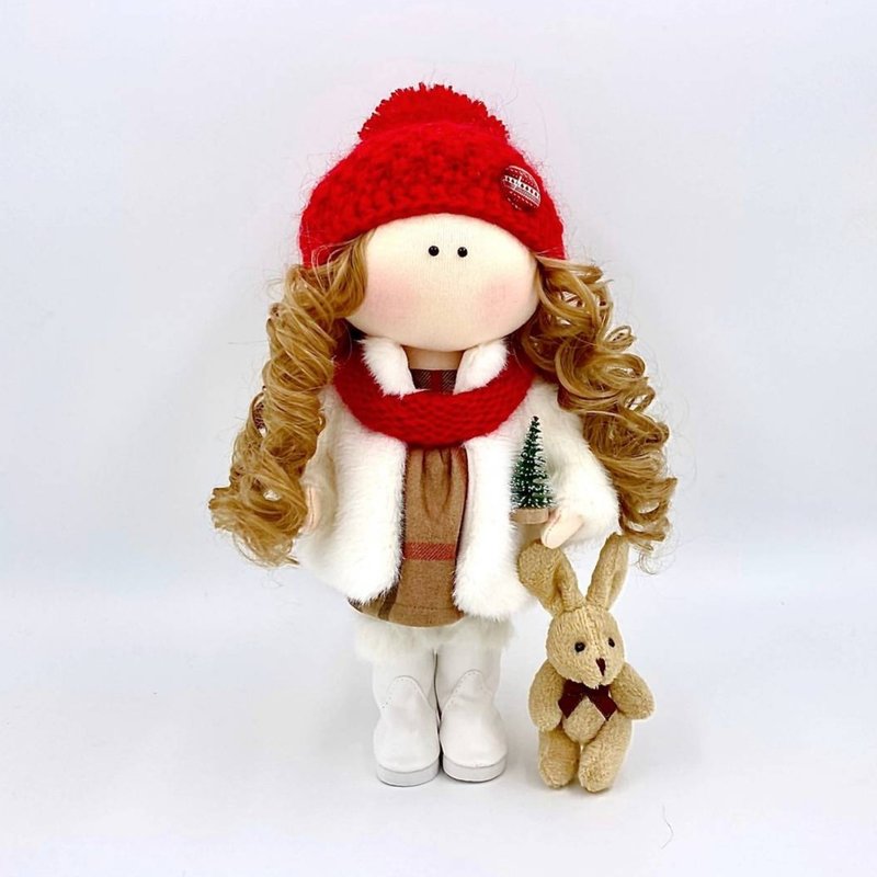 Christmas tilda doll, Textile doll with bunny, Christmas Gift Wrapping, Rag doll - 玩偶/公仔 - 其他材质 红色