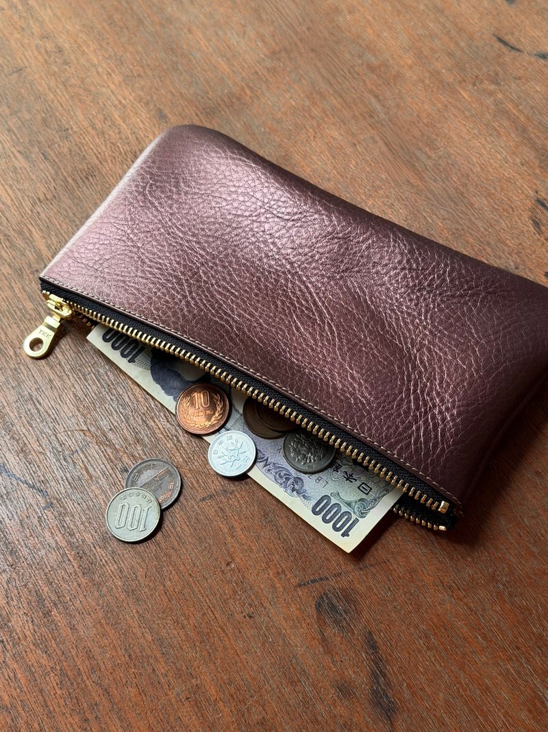 大容量钞票包 金属咖紫 I 铅笔袋 收纳包 出国外币收纳 - 皮夹/钱包 - 真皮 咖啡色