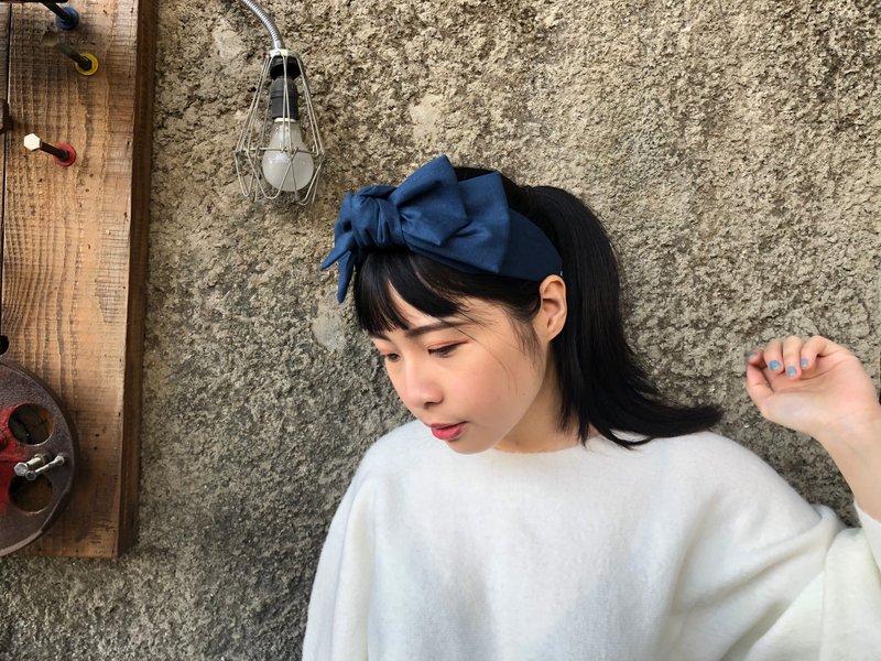 骄傲的小公主 孔雀蓝 双层大蝴蝶扭结发带 ggoomstudio - 发带/发箍 - 棉．麻 蓝色