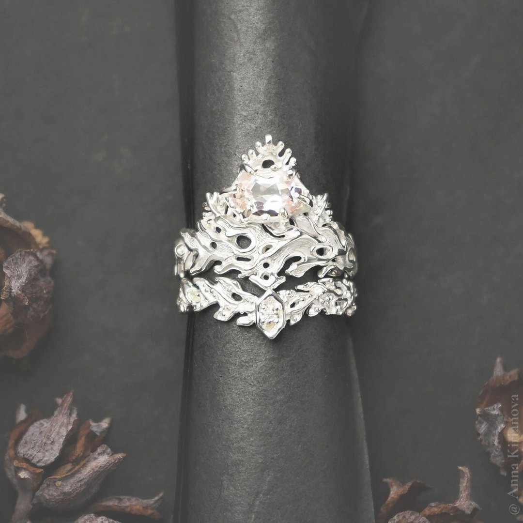 Set of Mermaid Ring with Pink Morganite and Seaweed Ring with Moissanite - 戒指 - 纯银 银色
