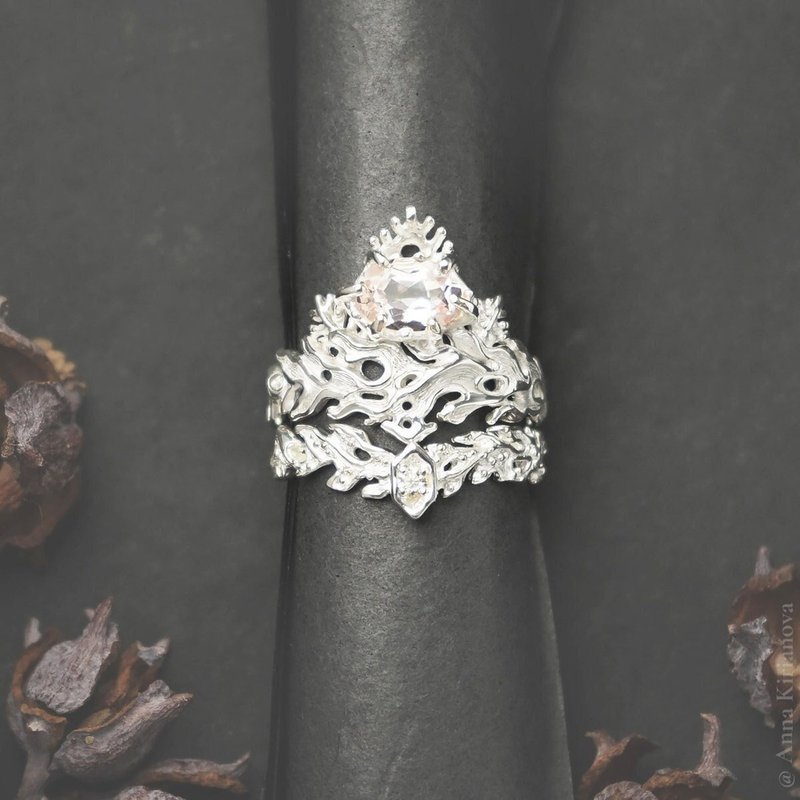 Set of Mermaid Ring with Pink Morganite and Seaweed Ring with Moissanite - 戒指 - 纯银 银色