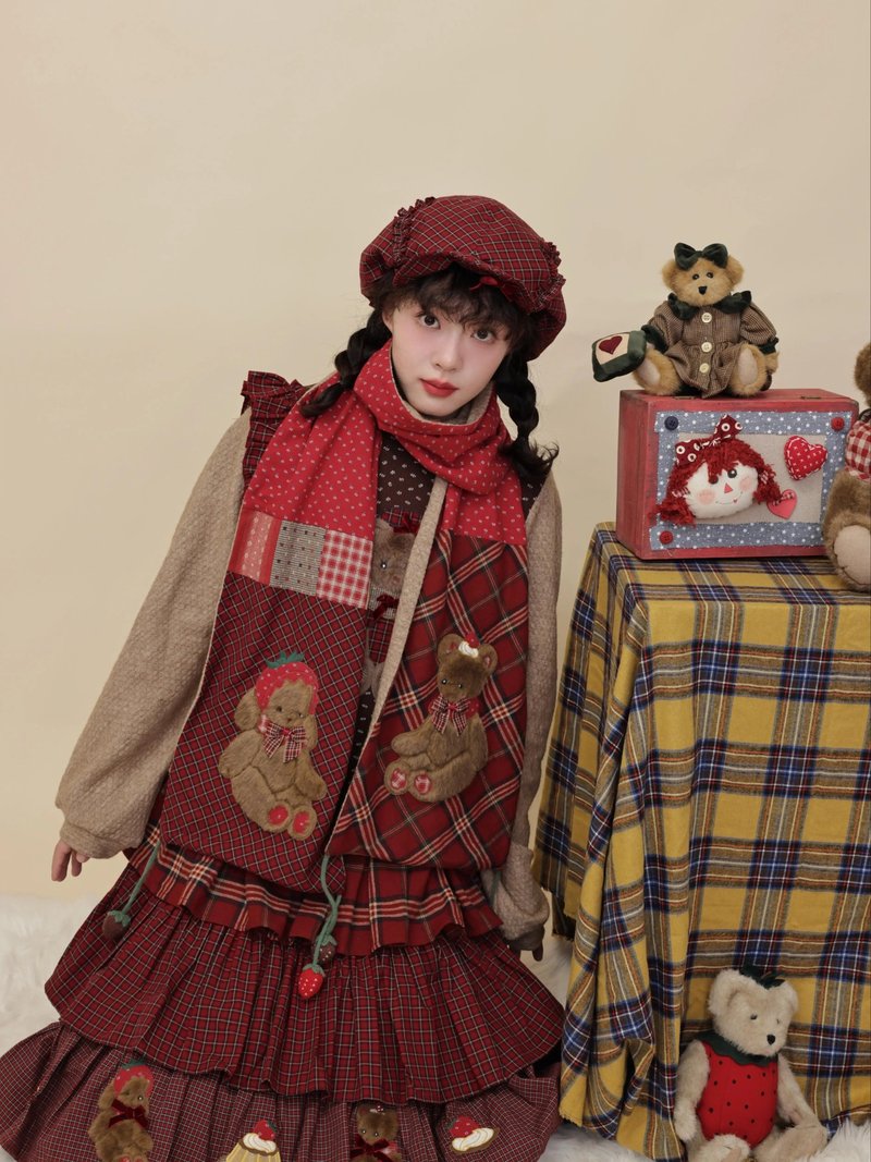 古着感 拼布玩偶刺绣围巾 碎花格子围脖 - 围巾/披肩 - 其他材质 多色