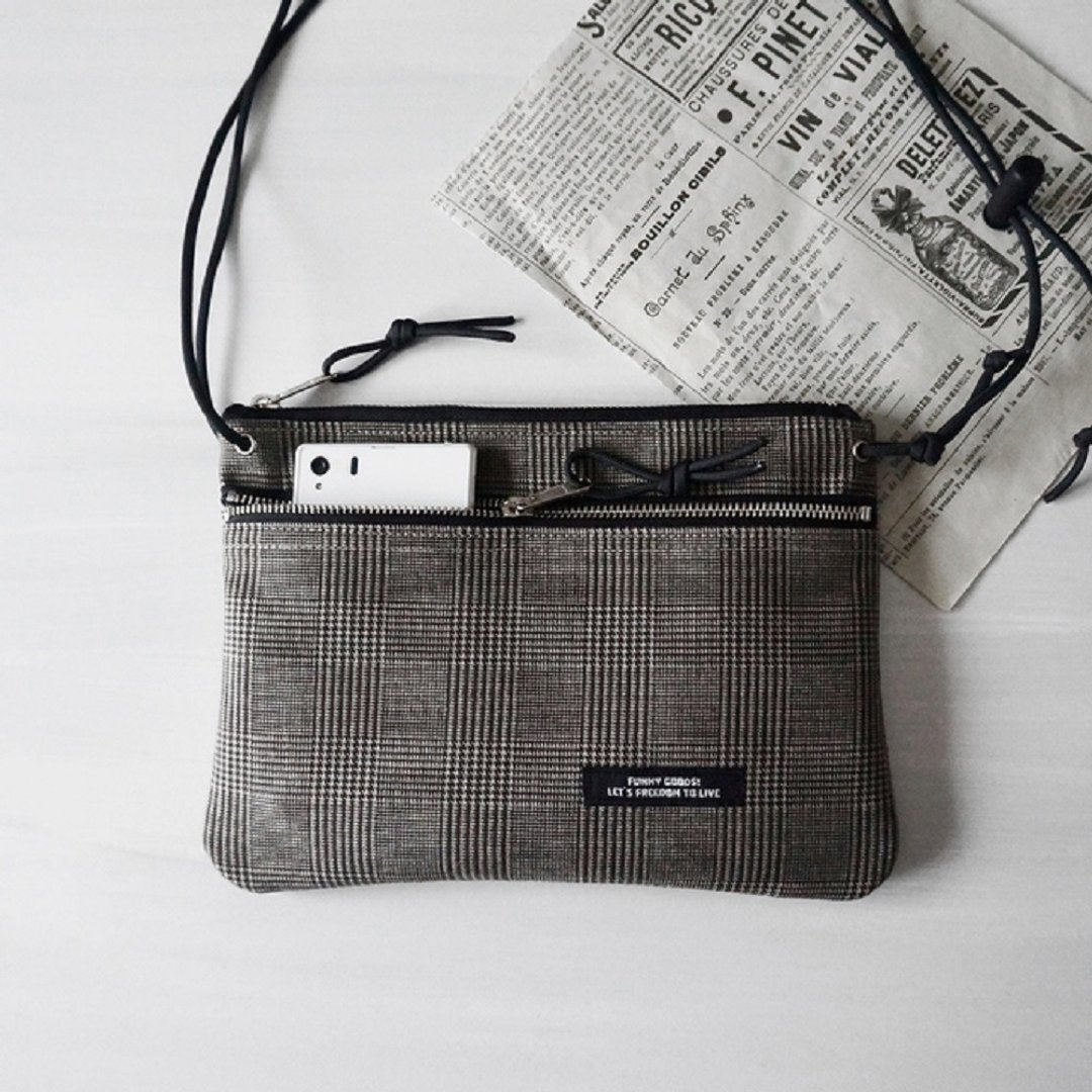 Linen Glen Check Double Zipper Sakosh Bag (Monotone) - 侧背包/斜挎包 - 棉 灰色