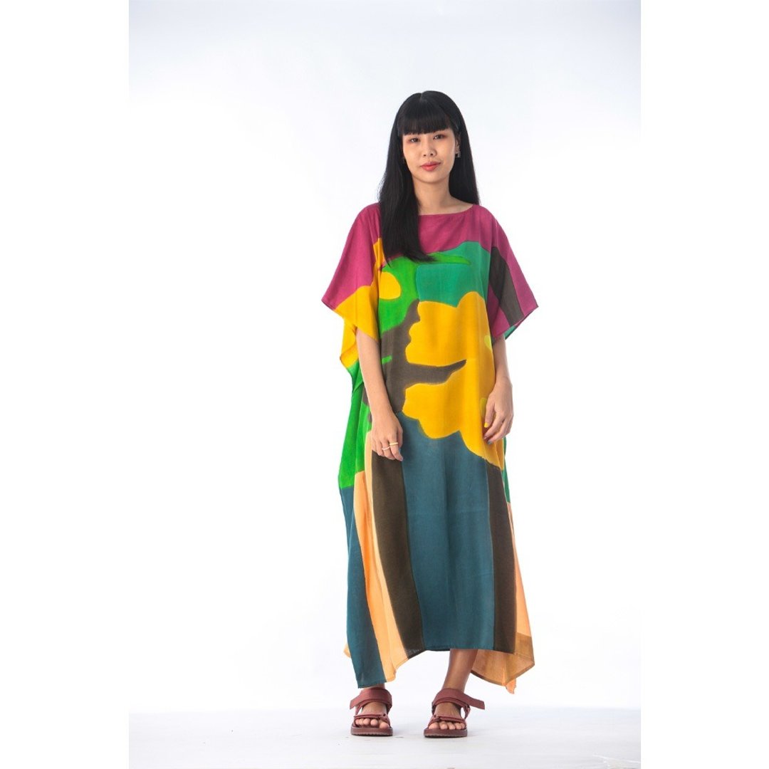 Hand Painted Cotton Silk Kaftan for Summer Resort Vacation F - 洋装/连衣裙 - 棉 绿色