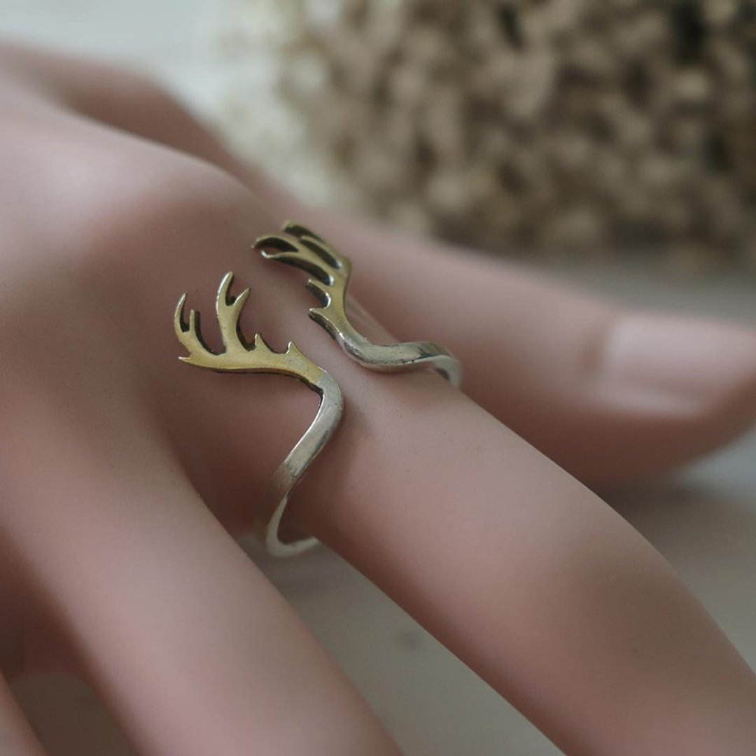 antler horn deer ring crown handmade lady women Girl silver sterling stacking - 戒指 - 其他金属 银色