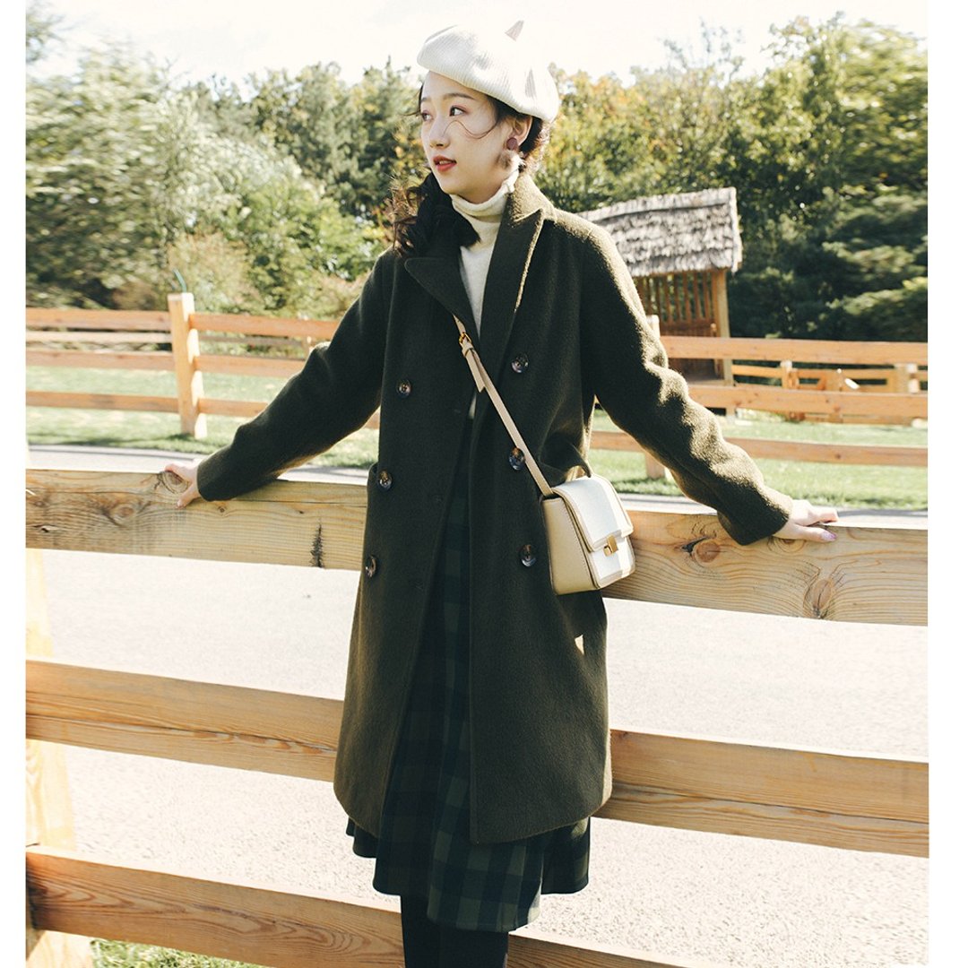 【全场特价】2018秋冬女装新品纯色直筒长款呢外套 - 女装休闲/机能外套 - 聚酯纤维 绿色