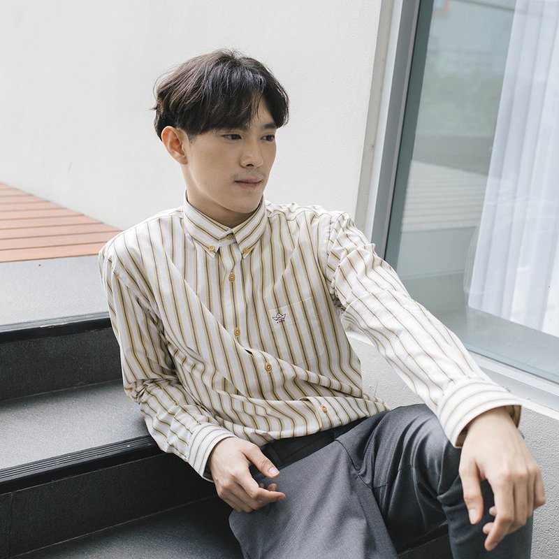 (尺寸 S, M) 现货 // 黄色条纹 // 男士修身款 - 男装衬衫 - 棉．麻 黄色