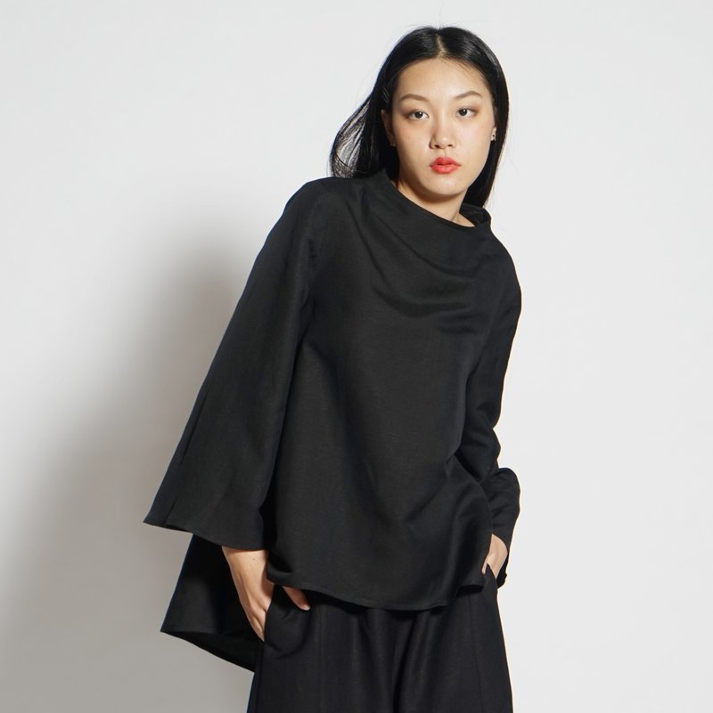 黑白切 SS 前短后长喇叭式上衣 黑 - 女装上衣 - 棉．麻 黑色