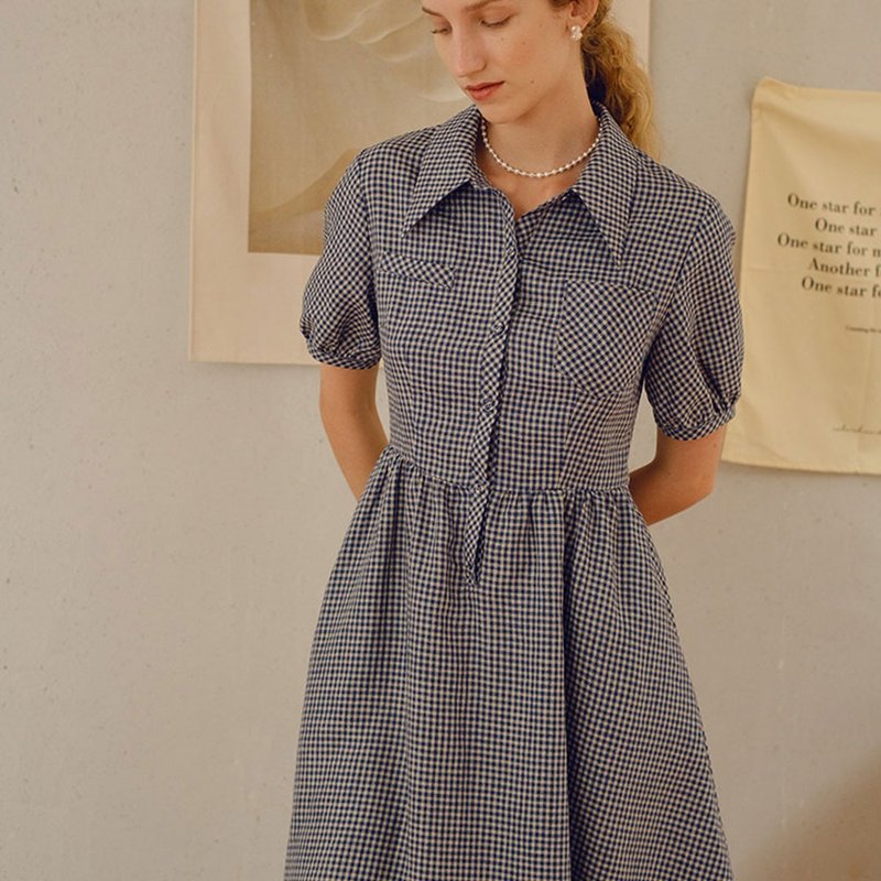 復古英式藍格紋亞麻裙 / 短袖優雅高端款 / 色織氣質連衣裙 - 洋装/连衣裙 - 棉．麻 蓝色