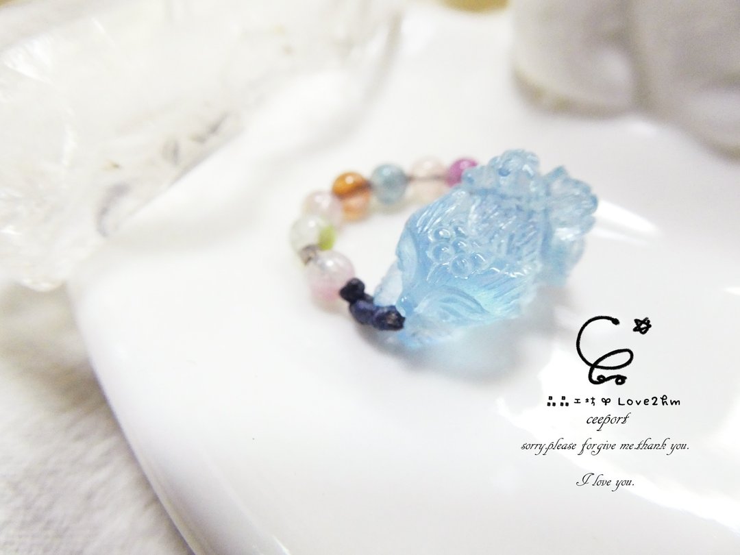 晶晶工坊*Love2hm【桃花系】 海水蓝宝 糖果碧玺 九尾狐戒指 - 戒指 - 宝石 蓝色