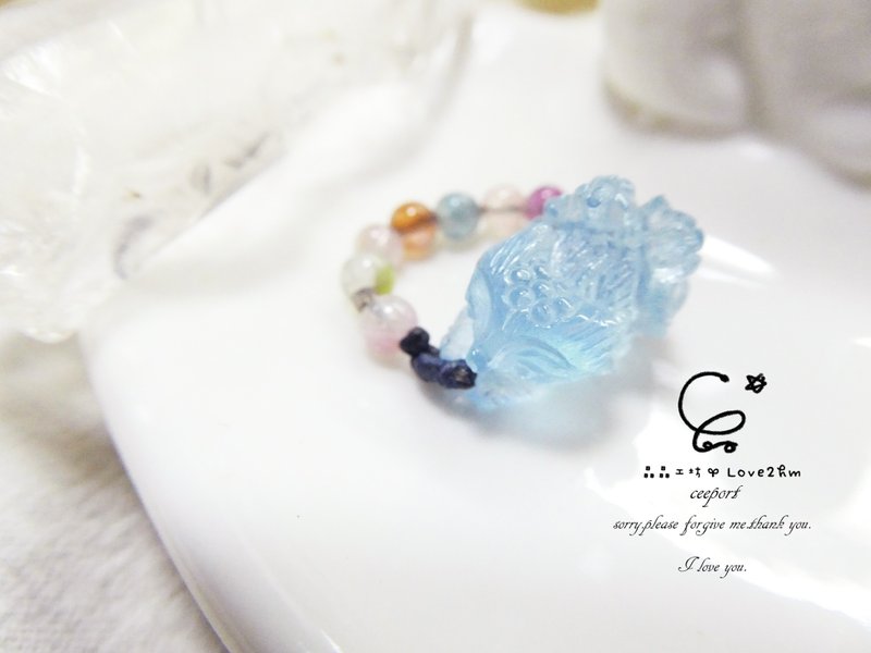 晶晶工坊*Love2hm【桃花系】 海水蓝宝 糖果碧玺 九尾狐戒指 - 戒指 - 宝石 蓝色