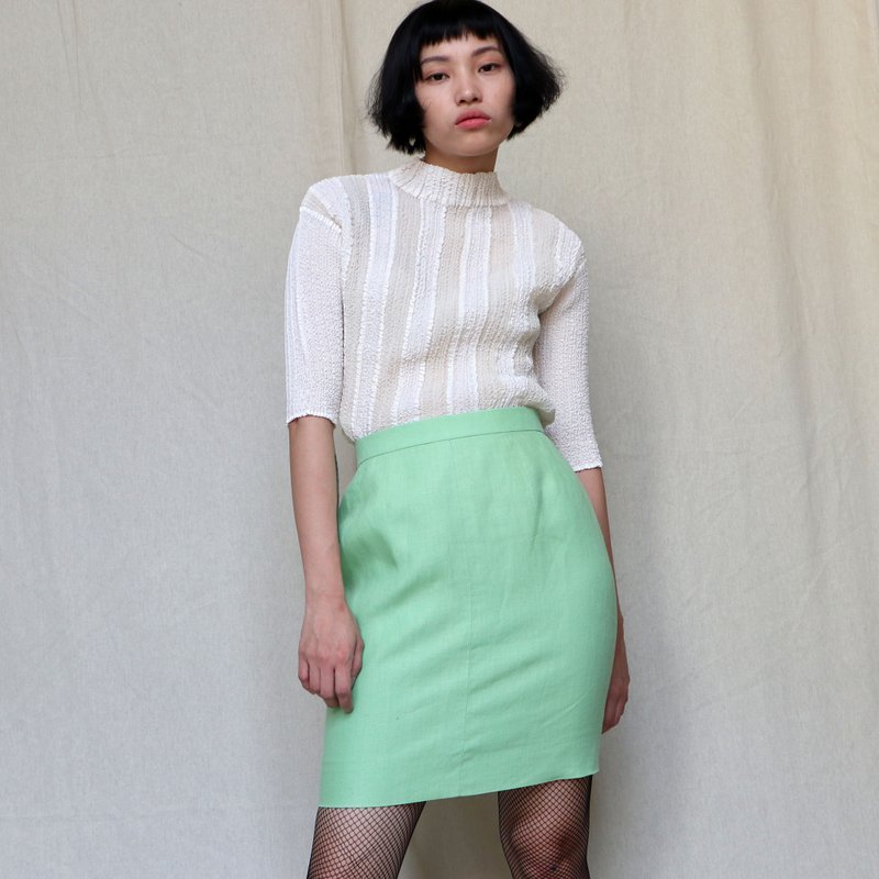 南瓜Vintage。古着 HERMES 爱马仕 法国制 薄荷绿 高级 短裙 - 裙子 - 棉．麻 绿色