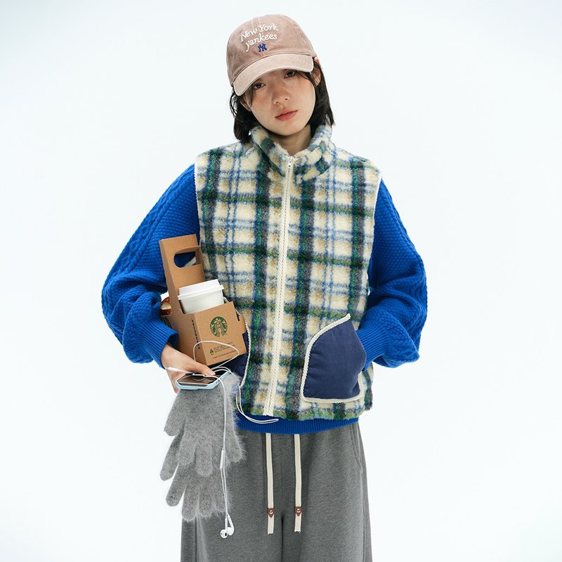 格纹仿羊羔毛马甲|背心|冬款|Sora-1937 - 女装背心 - 其他人造纤维 