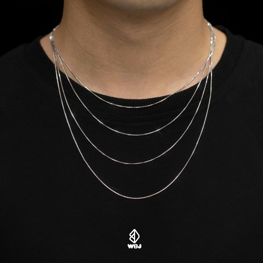 Wbj 1mm 纯银盒子项链 实心素银链 电镀 18K 白金 - 项链 - 纯银 银色