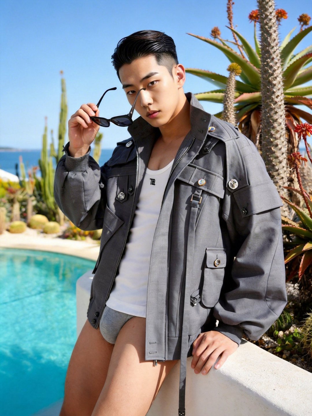 TIMBEE LO 灰色西装布料军服风凌乱设计多袋外套缀全施华洛水晶钮 - 男装外套 - 羊毛 灰色