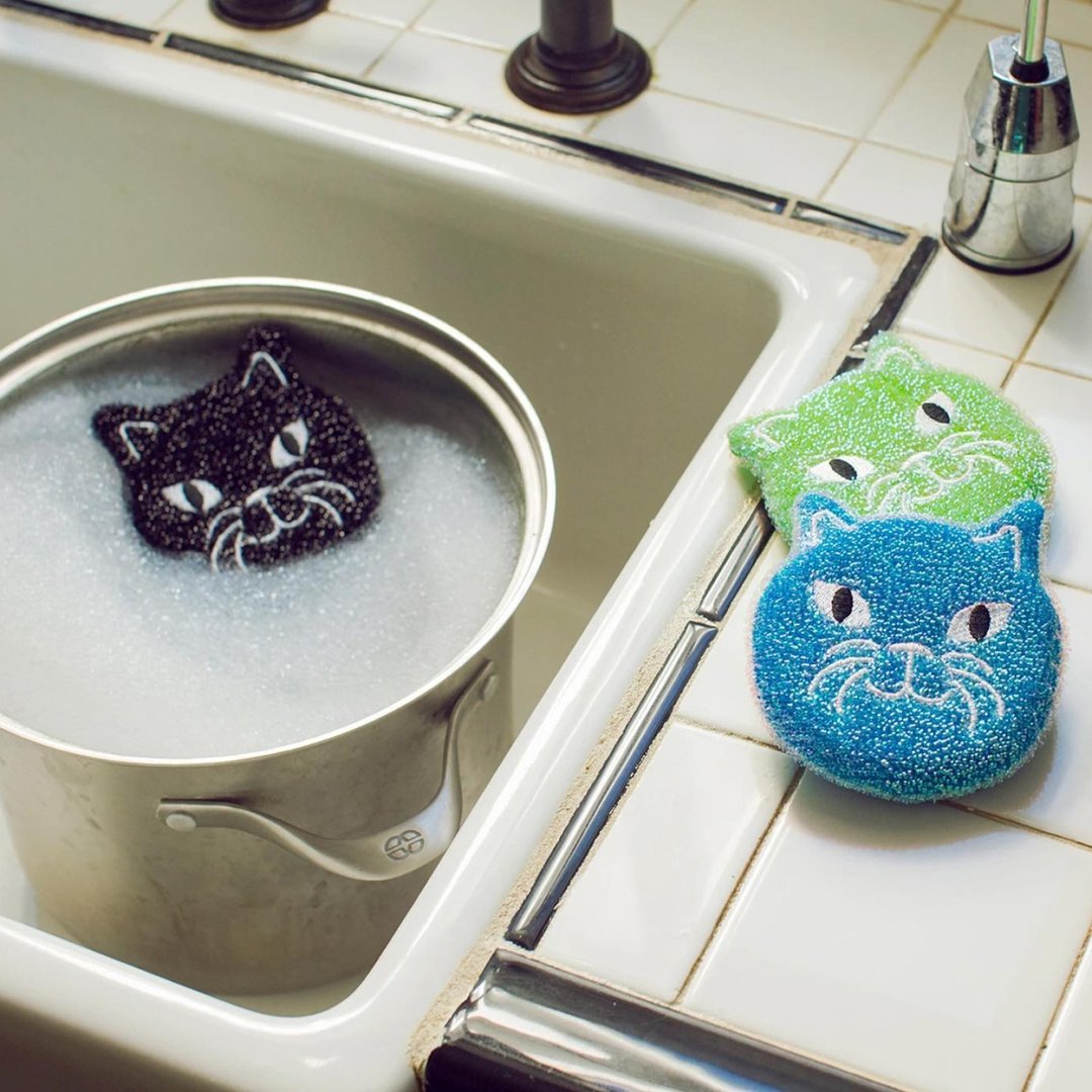 美国 Kikkerland 猫咪海绵洗碗擦百洁布 厨房清洁双面可用洗碗刷 - 碗盘清洁 - 尼龙 多色