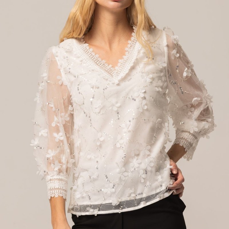 清新花园V领拼接上衣   白 - 女装上衣 - 聚酯纤维 白色