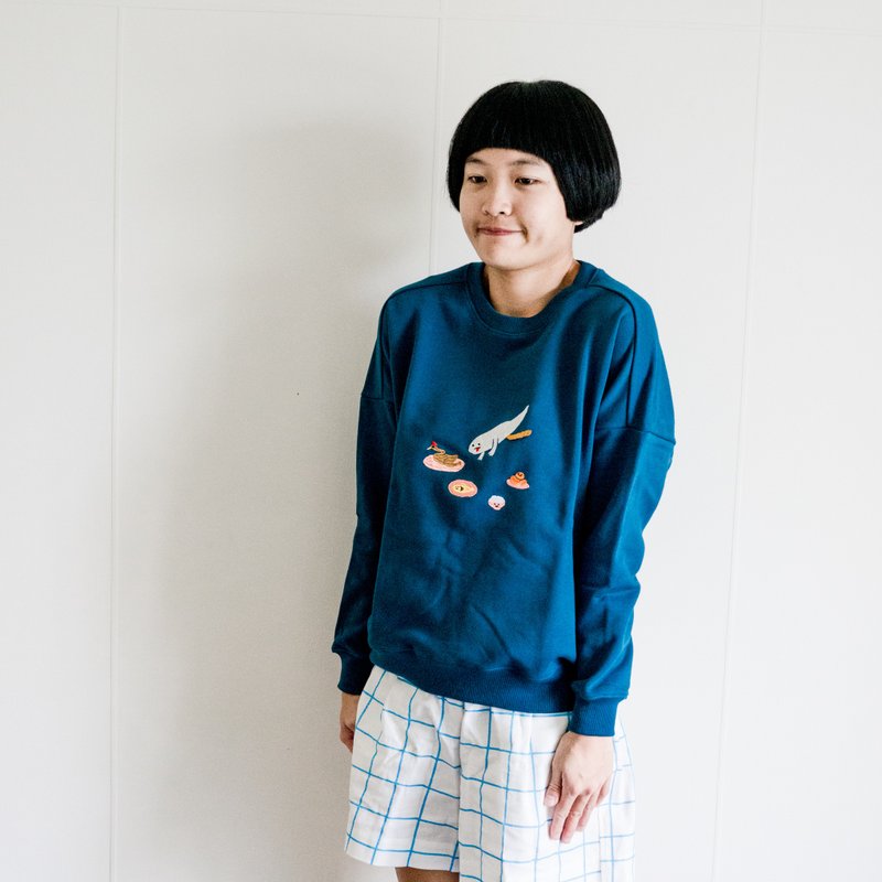 贪吃鬼 ( 中元普渡 ) / 立体大便 / 纯棉长袖上衣 / 无刷毛双层布 - 女装上衣 - 棉．麻 蓝色