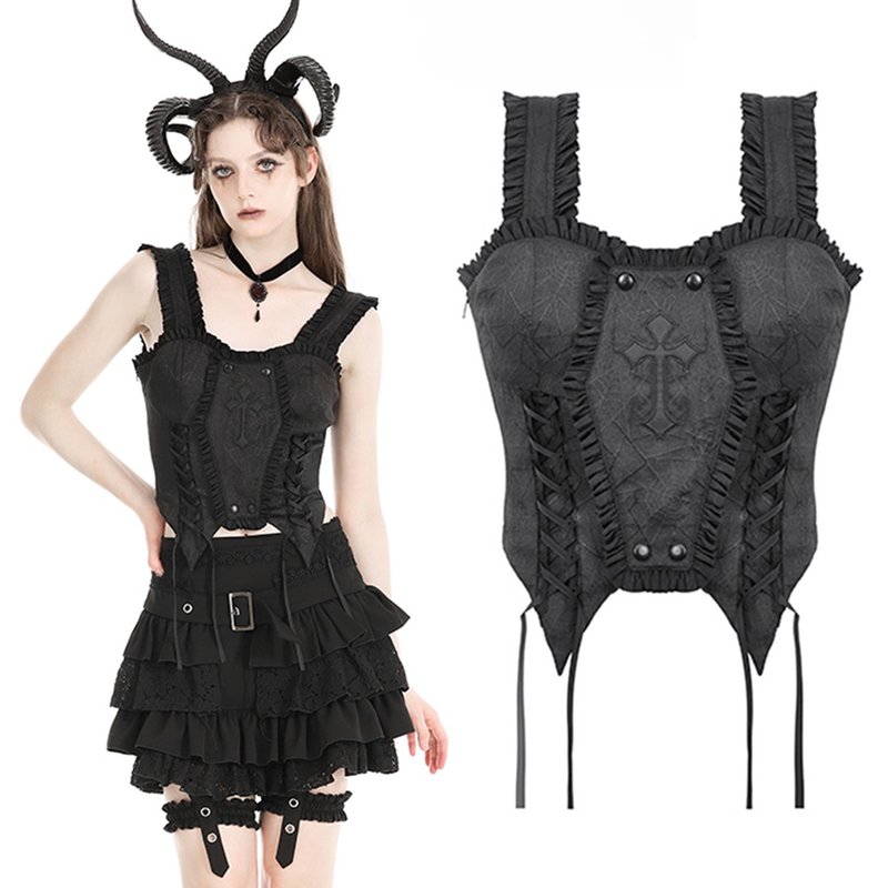 十字架压花蜘蛛网纱肩带马甲背心DARK IN LOVE台湾代理JDICW079 - 女装背心 - 聚酯纤维 