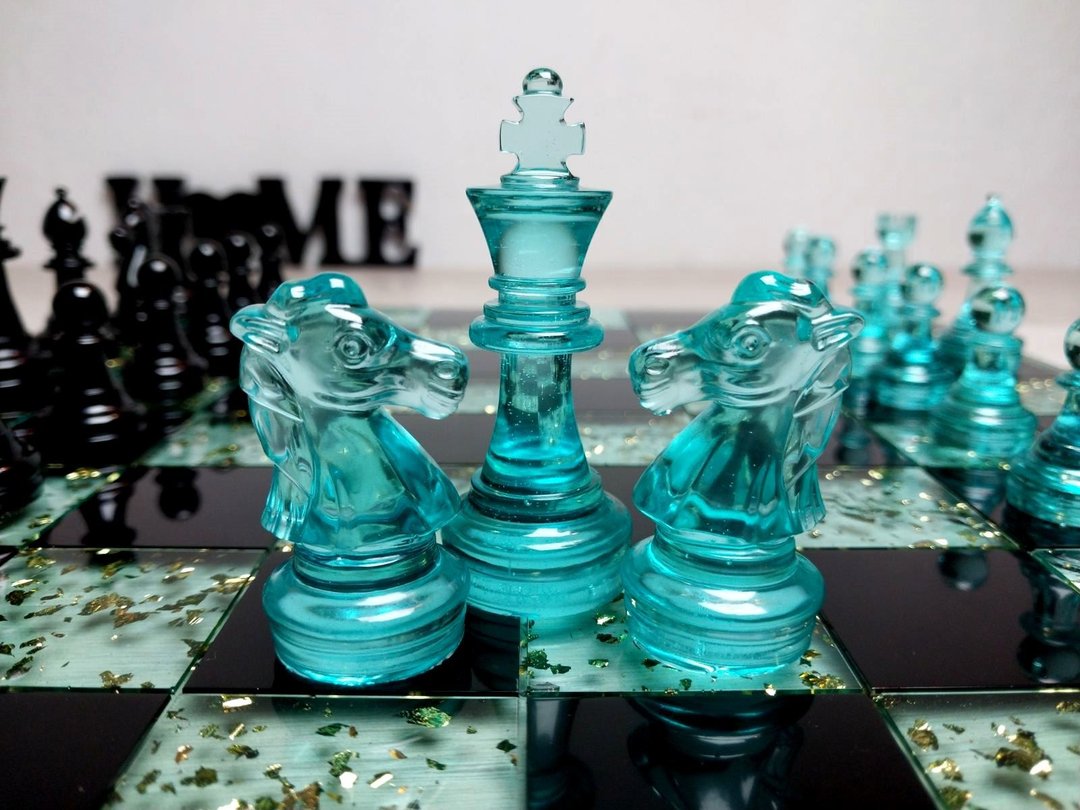 定制化树脂西洋棋套装附棋盘 |特大号尺寸 2.75 英寸（7 厘米）|环氧树脂 - 桌游/玩具 - 树脂 蓝色