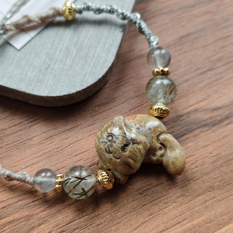 【珊瑚玉趴趴猫x彩碧玺x拉长石编织手链 】平安健康自信 - 手链/手环 - 水晶 灰色