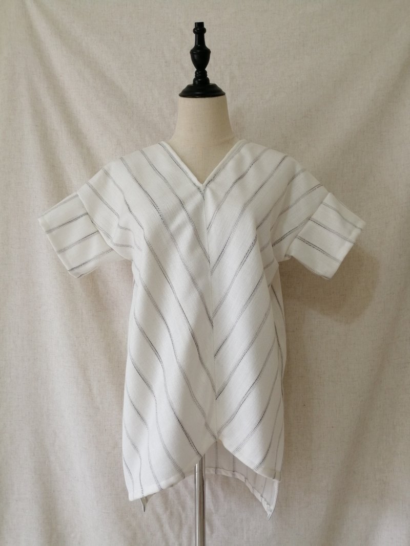 Designer collection 条纹拼接不规则下摆落肩袖上衣 - 女装上衣 - 其他人造纤维 白色