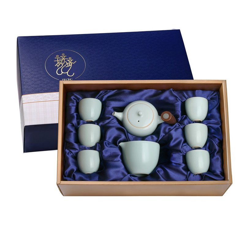 天青汝窑8入礼盒-(壶+海+6杯) - 茶具/茶杯 - 陶 蓝色