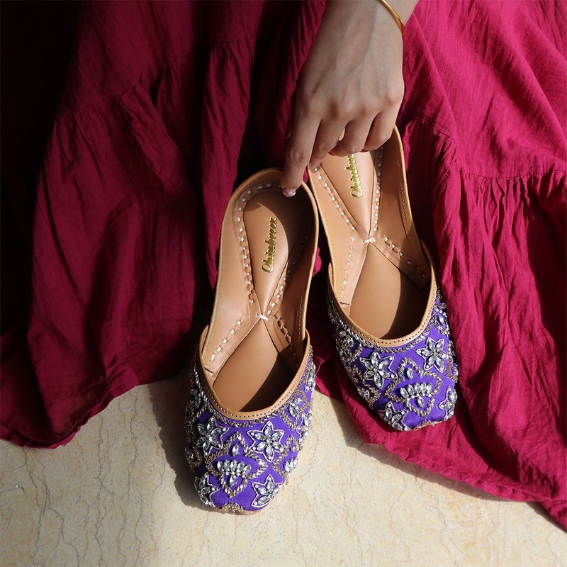 復古亮紫雪花釘珠鞋 / 重工刺繡貴婦風 / 印度巴基斯坦手工款 - 穆勒鞋 - 真皮 紫色