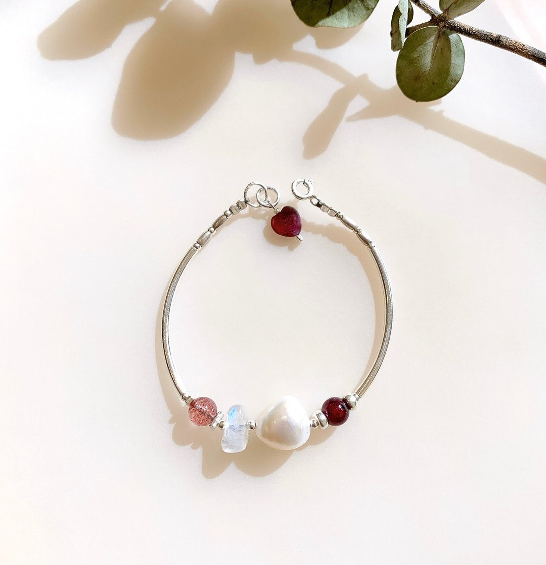 Ops Pearl Garnet bracelet-草莓晶/银/石榴石/月光石/珍珠/礼物 - 手链/手环 - 宝石 红色