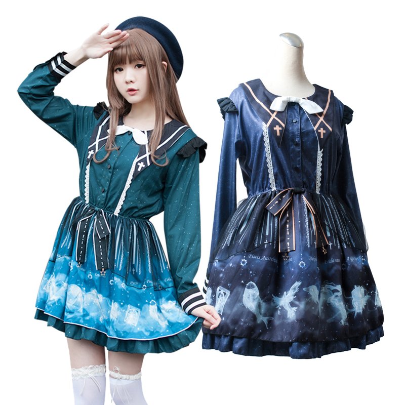 o吉儿o独家绘师原创 仲夏夜星话 银河星座连身裙洋装【JJ2192】 - 洋装/连衣裙 - 棉．麻 蓝色