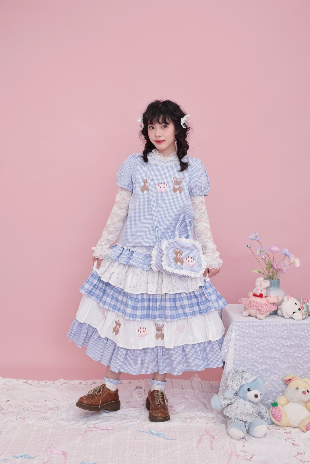 甜美少女 小熊刺绣蛋糕半裙 - 裙子 - 其他材质 蓝色
